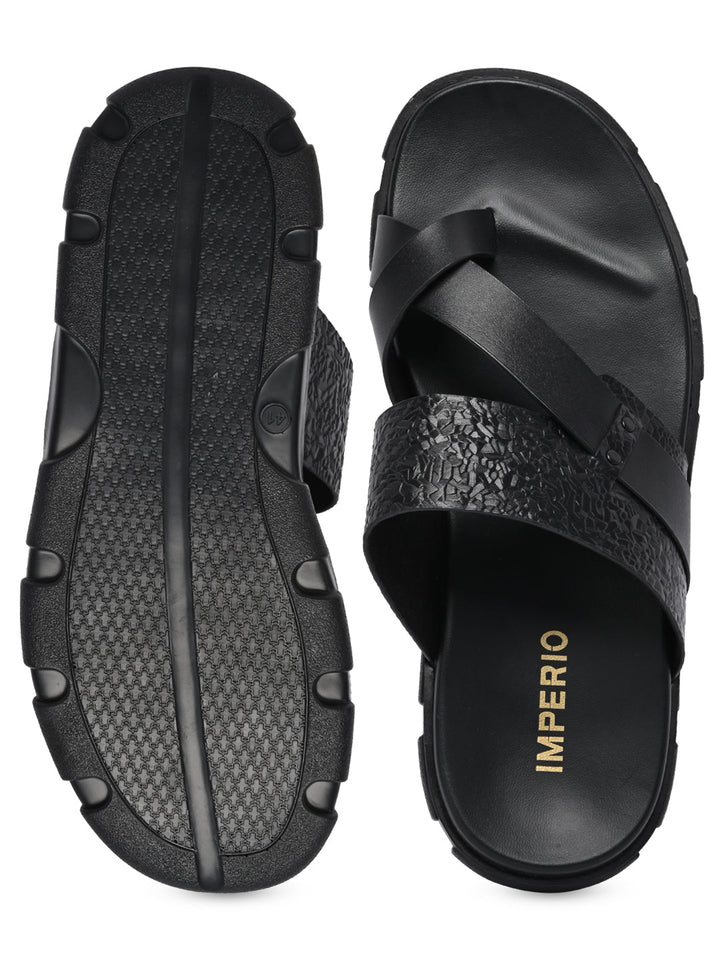 Imperio By Regal Black Men Textured Leather Sandals