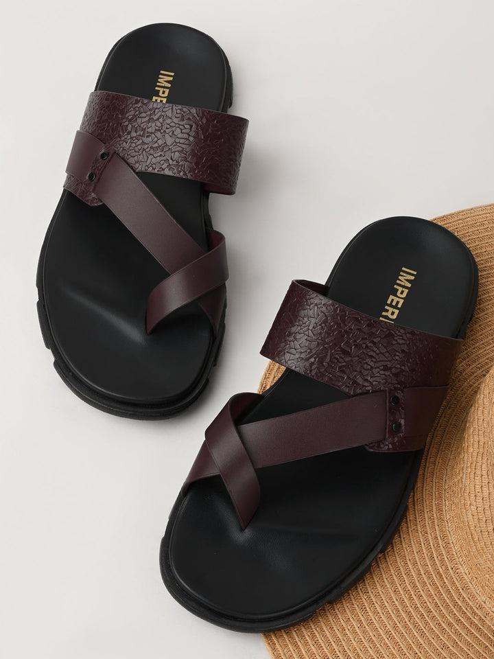 Imperio By Regal Bordo Men Textured Leather Sandals