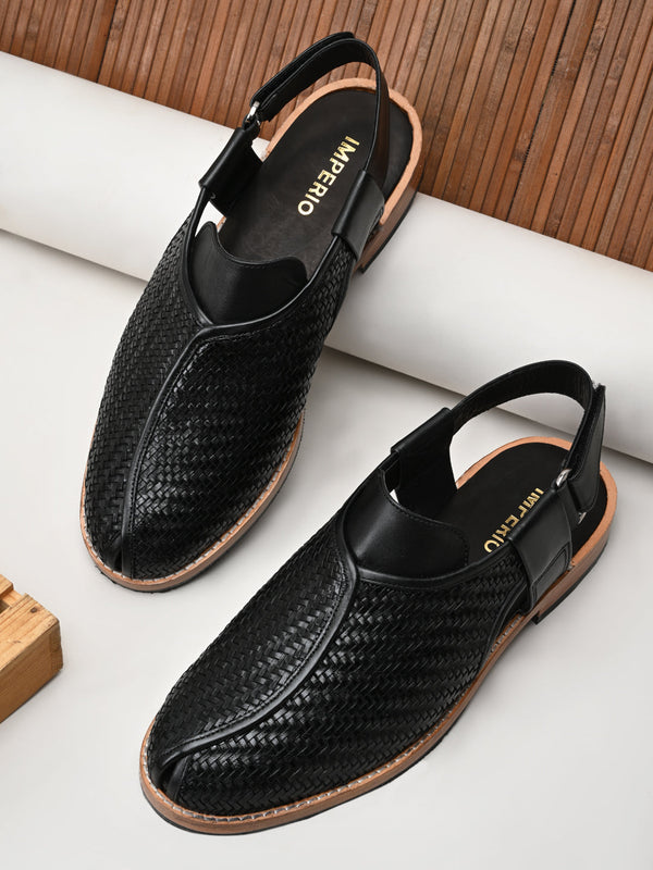 Imperio By Regal Black Mens Formal Woven Leather Slip On Sandals