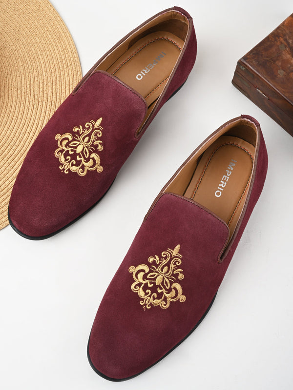 Imperio By Regal Burgundy Mens Formal Embroidered Suede Slip Ons