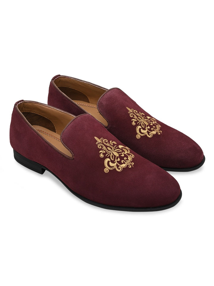 Imperio By Regal Burgundy Mens Formal Embroidered Suede Slip Ons