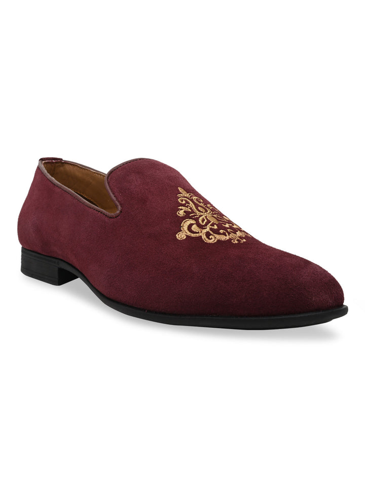 Imperio By Regal Burgundy Mens Formal Embroidered Suede Slip Ons