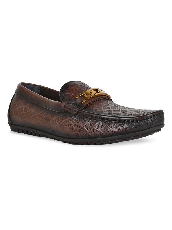 Imperio By Regal Coffee Men Textured Leather Buckled Loafers