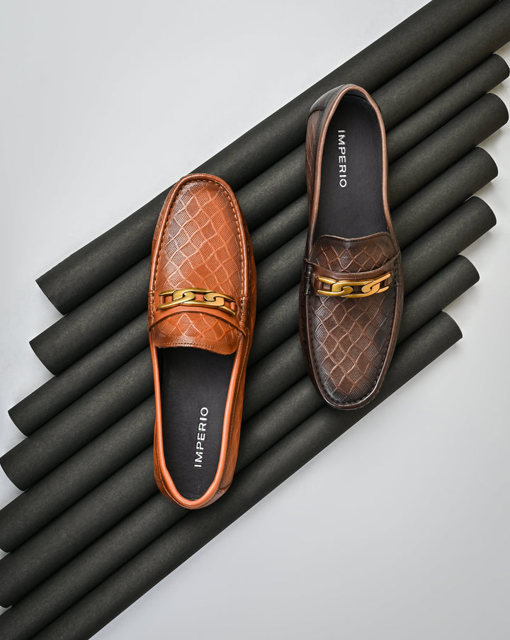 Imperio By Regal Coffee Men Textured Leather Buckled Loafers