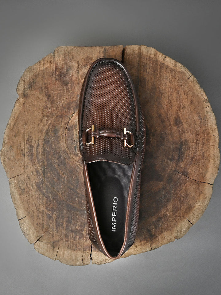 Imperio By Regal Coffee Men Textured Leather Buckled Loafers