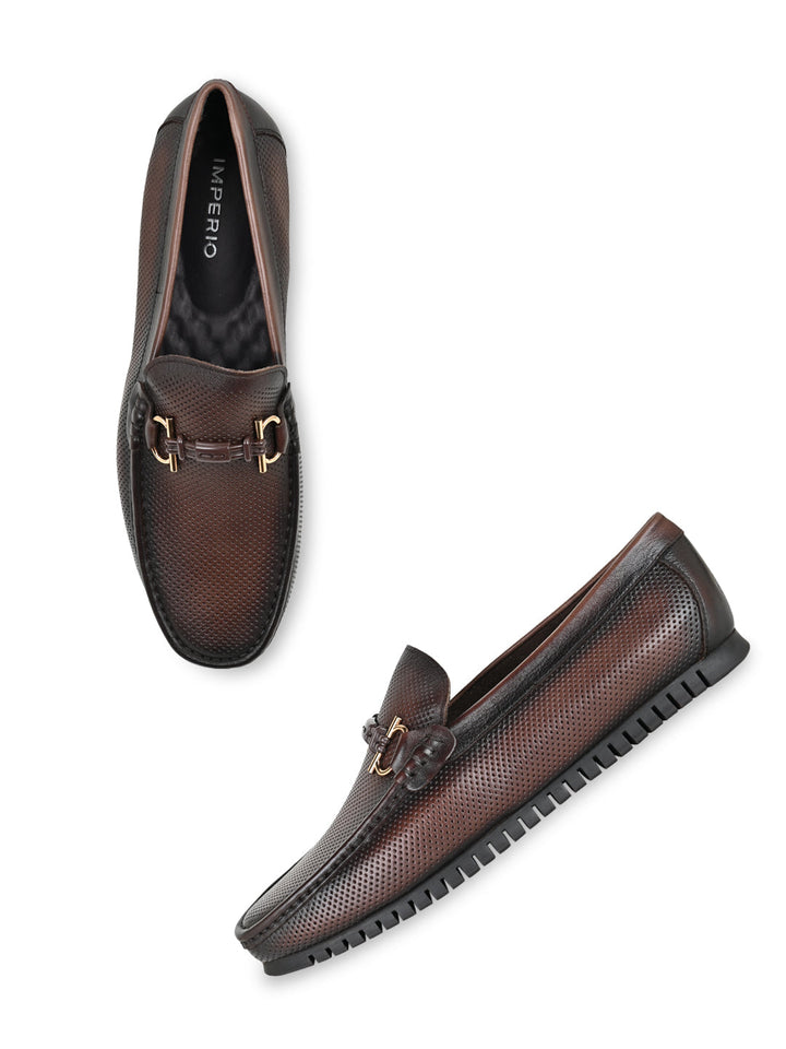 Imperio By Regal Coffee Men Textured Leather Buckled Loafers