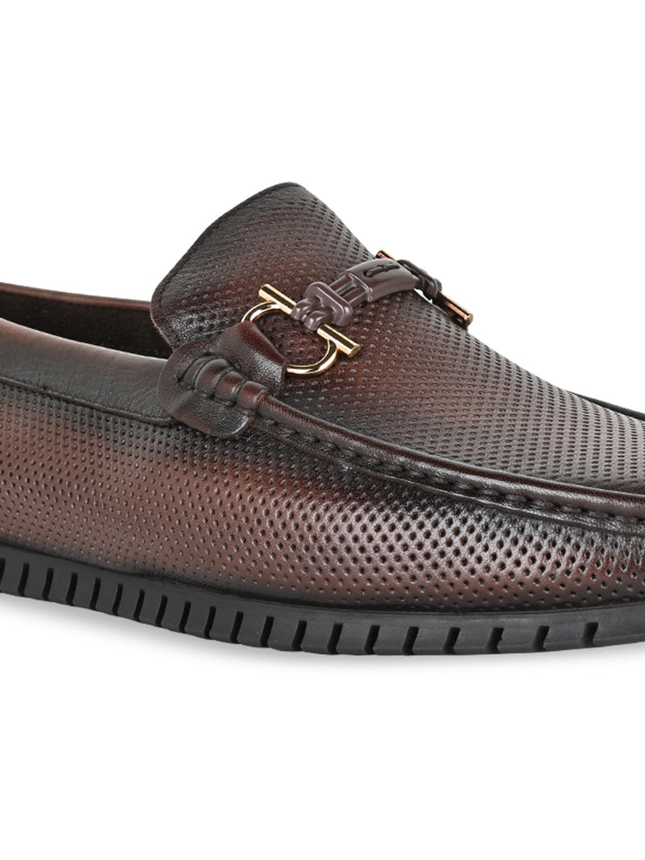 Imperio By Regal Coffee Men Textured Leather Buckled Loafers