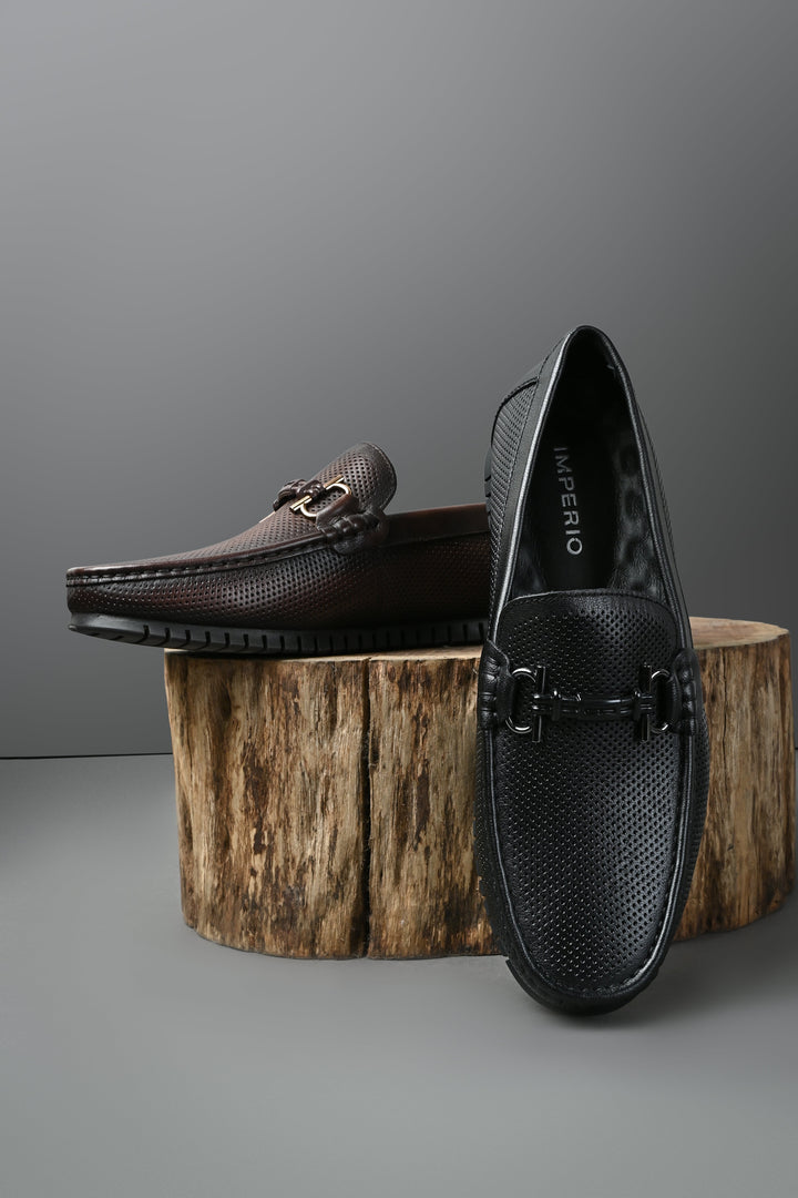 Imperio By Regal Coffee Men Textured Leather Buckled Loafers