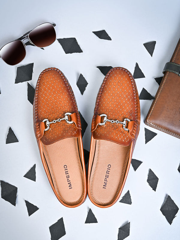 Imperio By Regal Tan Men Textured Leather Buckled Mules