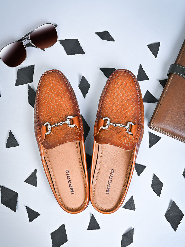 Imperio By Regal Tan Men Textured Leather Buckled Mules