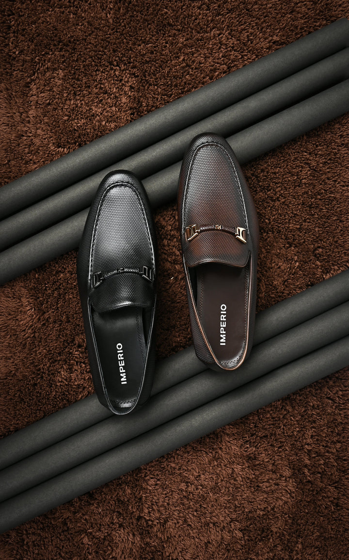 Imperio By Regal Black Men Textured Leather Buckled Slip Ons