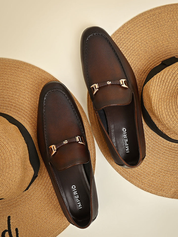 Imperio By Regal Brown Men Textured Leather Buckled Slip Ons