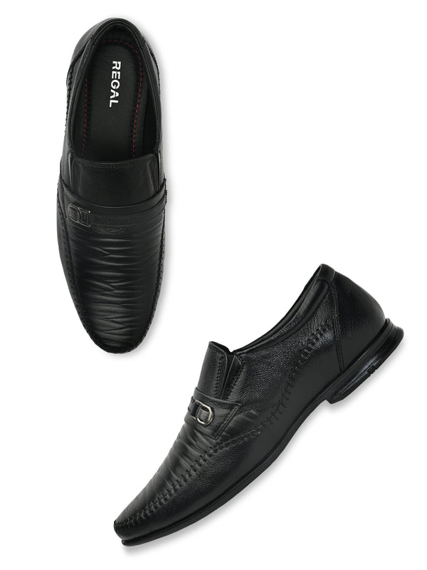 Regal Black Men Formal Textured Leather Slip Ons