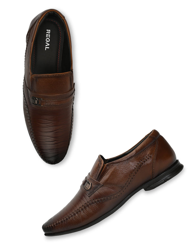 Regal Tan Men Formal Textured Leather Slip Ons