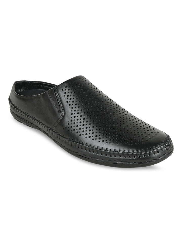 Regal Black Men Laser Cut Leather Mules