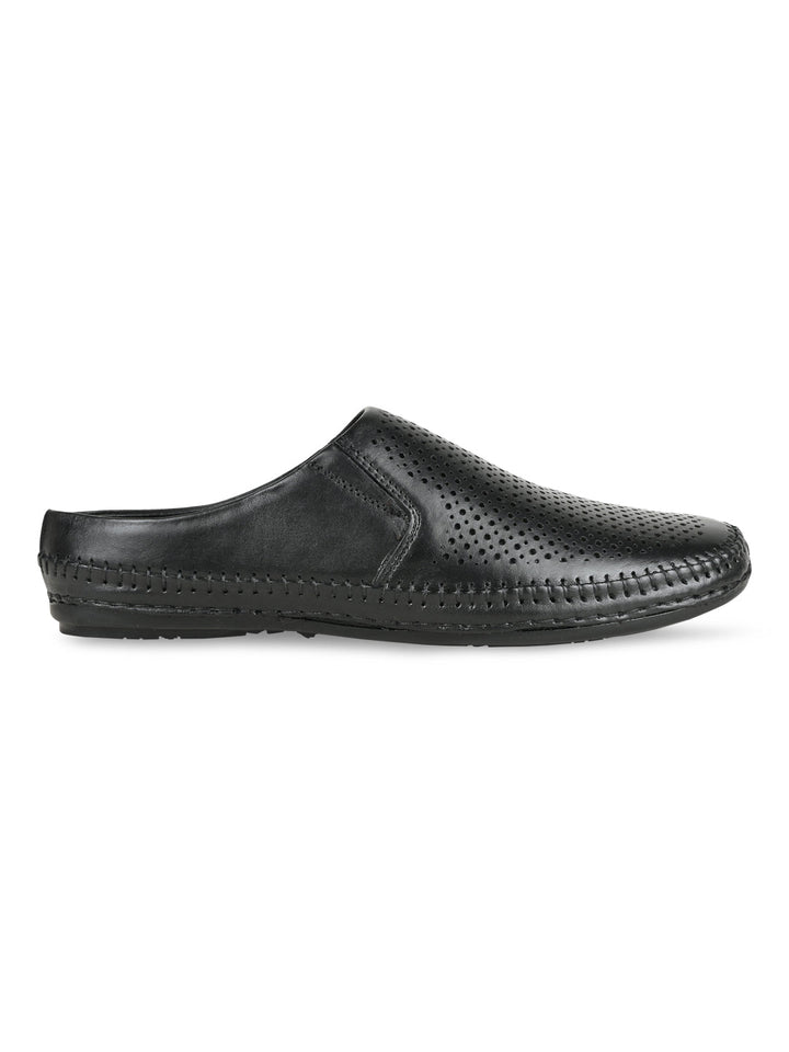 Regal Black Men Laser Cut Leather Mules