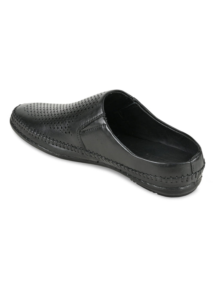 Regal Black Men Laser Cut Leather Mules