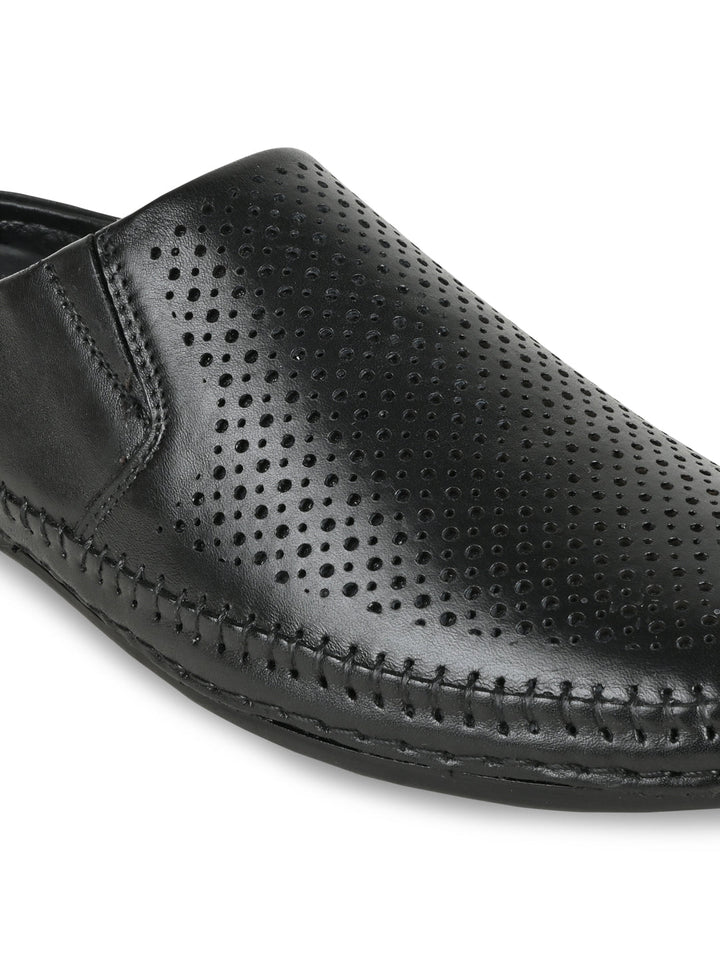 Regal Black Men Laser Cut Leather Mules