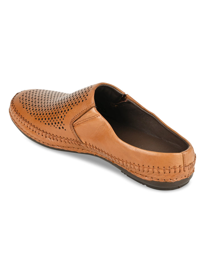 Regal Tan Men Laser Cut Leather Mules
