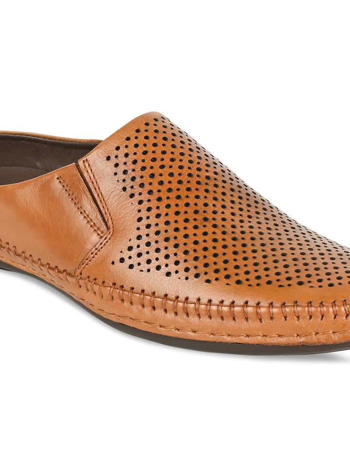 Regal Tan Men Laser Cut Leather Mules