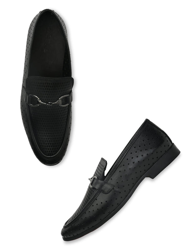 Regal Black Men Laser Cut Textured Leather Slip Ons