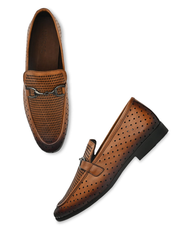 Regal Tan Men Laser Cut Textured Leather Slip Ons