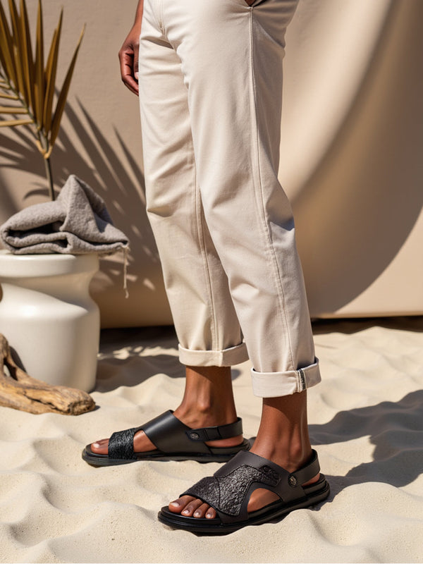 Imperio By Regal Black Men Textured Leather Sandals